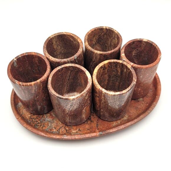other Other - Hand Carved Red Marble Shot Glass Set w/ Tray Mexico Artisan Barware Gift